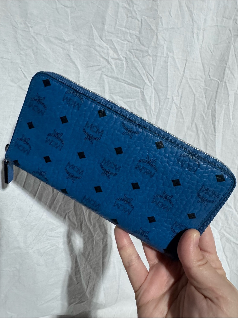 MCM Blue Monogram Zip-Around Wallet